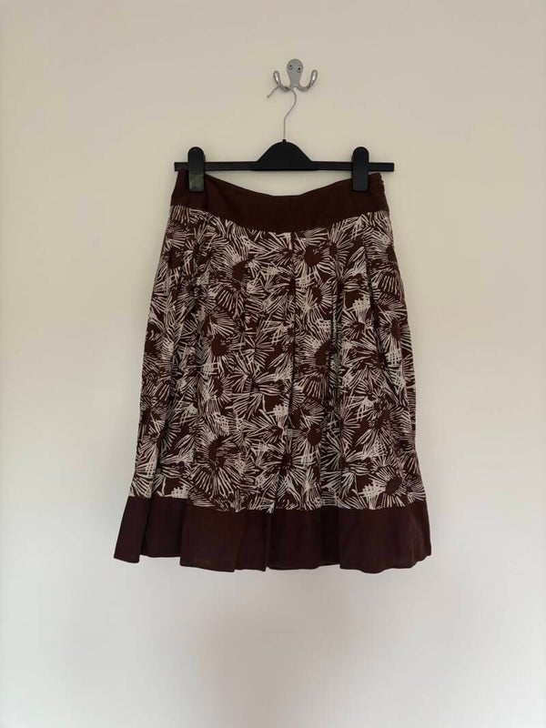 Linea Brown Patterned Midi Flare Linen Viscose Skirt Lined Size 10