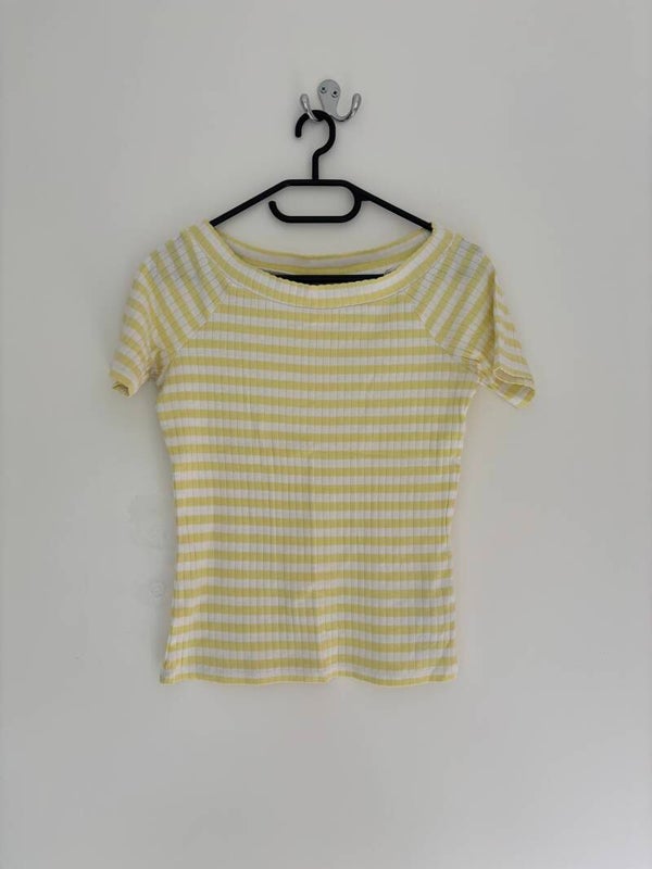 M&S Collection Short Sleeve Boat Neck Yellow Striped Top Size 10