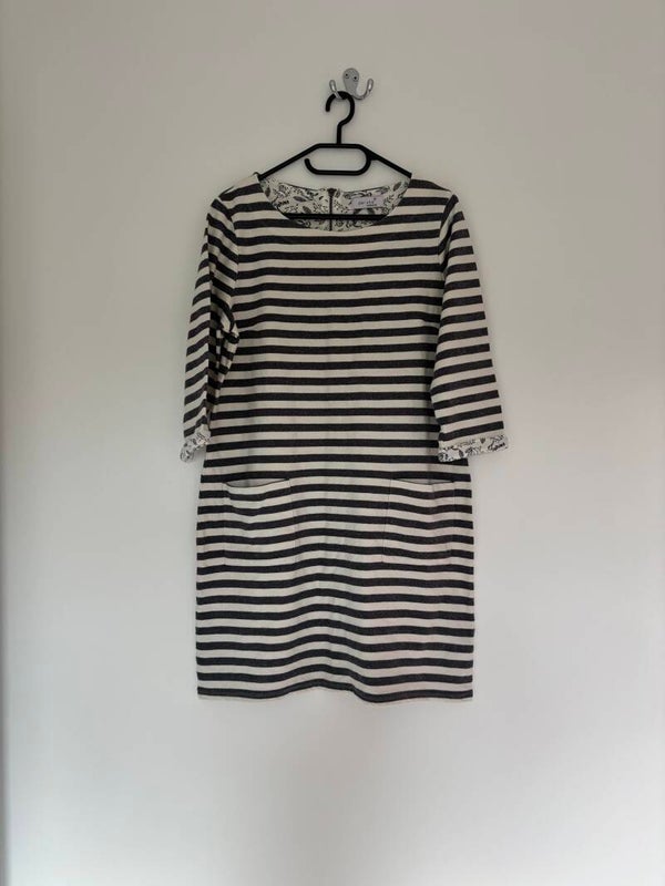 M&S Per Una Weekend 3/4 Sleeve Grey Striped Shift Dress Size 14