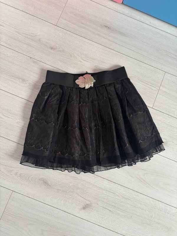 Rise Black Lace Mini Skirt With Buckle Lined Size 12