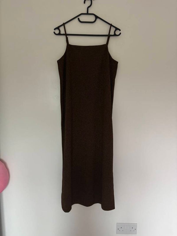 H&M Straps Brown With Gold Threads Midi Occasion Party Dress Size S