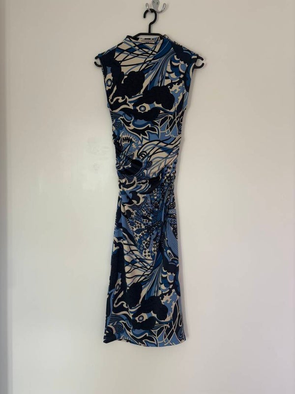 H&M Sleeveless Patterned Ruched Bodycon Long Midi Dress Size XS