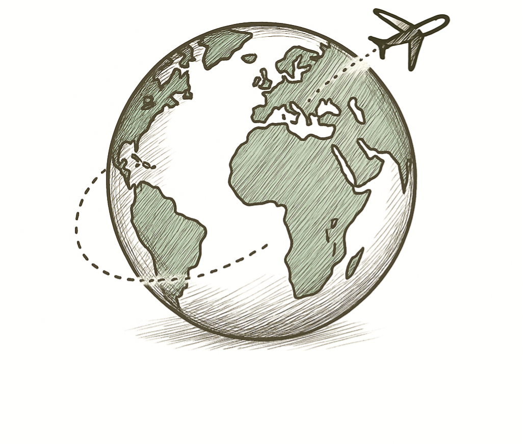Illustration einer Weltkugel mit angedeuteter Flugzeugroute.