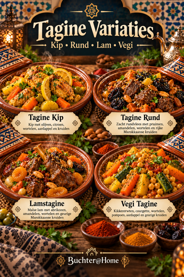 Tajine kip/rund/lams of vegan veggie voor elke gelegenheid per persoon
