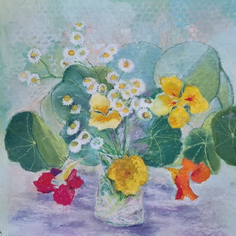 wilde-blumen-im-glas, Mischtechnik, 40x40cm