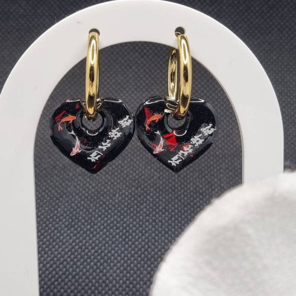 Boucles d'oreilles pampilles noir et rouge Asie