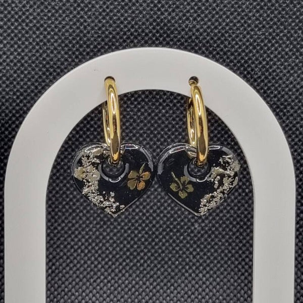 Boucles d'oreilles pampilles cœur noir hibiscus or