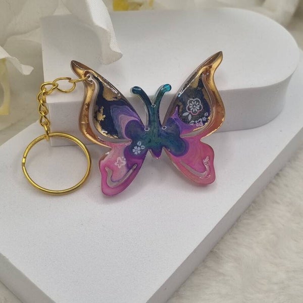 Porte clé papillon multicolore et or 21