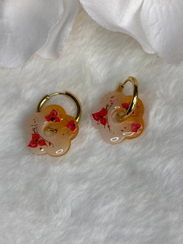 Boucles d’oreilles pampilles fleurs oranges, blanches et coquelicots 28
