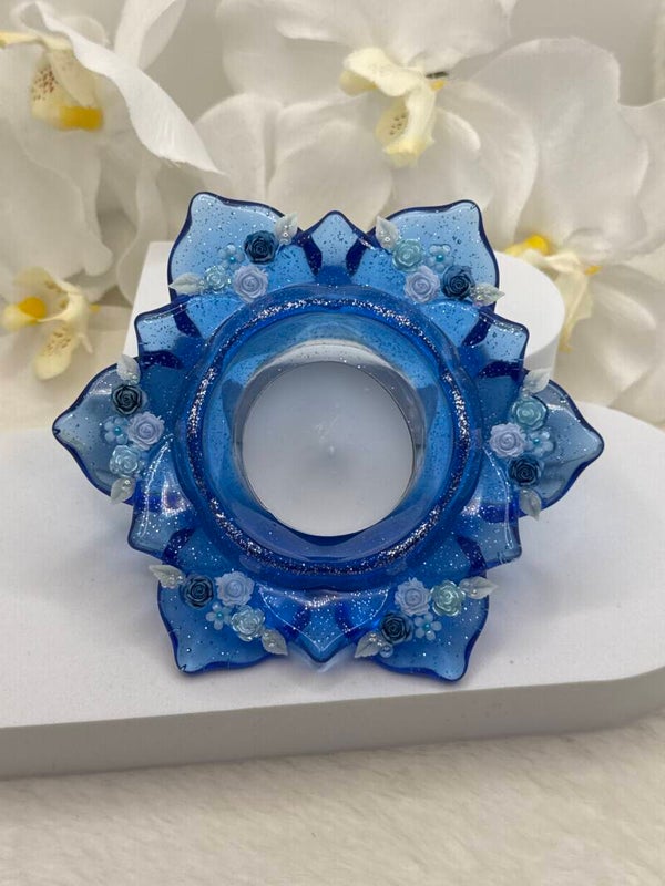 Bougeoir lotus bleu foncé pailleté