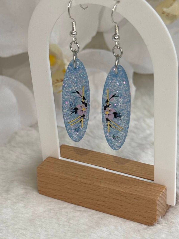 Boucles d’oreilles surf bleu ciel pailleté fleuries 44