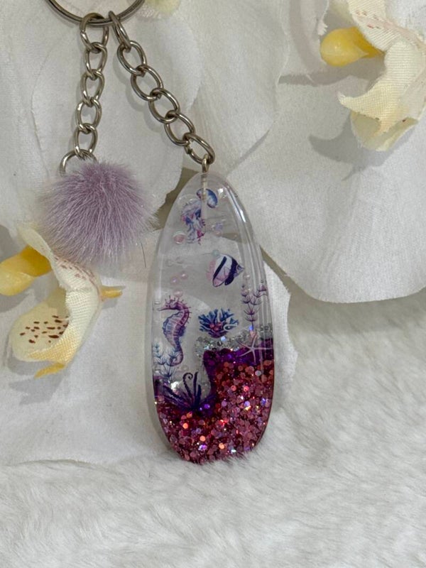 Porte clé 3D fond marin violet-rose 13