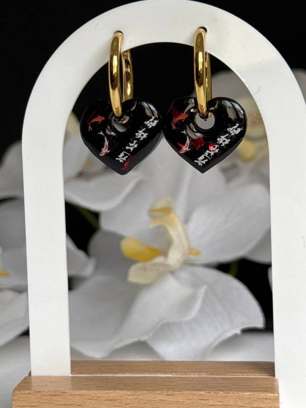 Boucles d’oreilles pampilles cœur noir, rouge, Asie 15