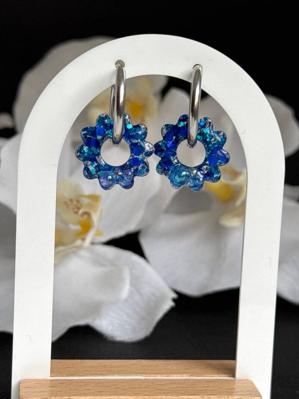Boucles d’oreilles pampilles soleil pailletées bleus et bulles 35