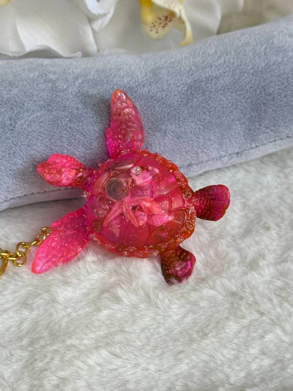 Porte clé grande tortue de mer rose pailletée , bulles et hippocampe 19