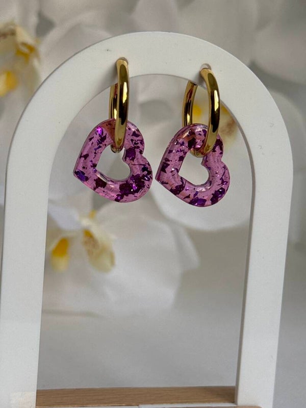 Boucles d’oreilles pampilles cœur creux violettes translucide 12