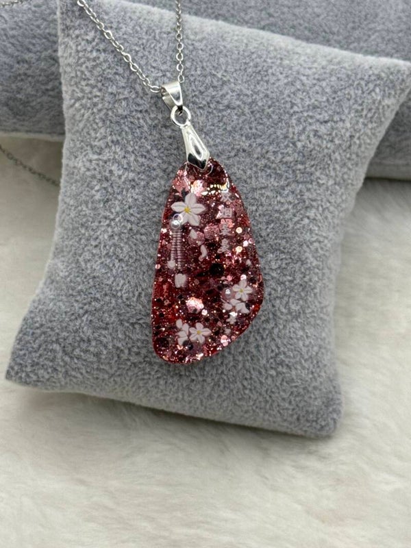 Pendentif grand galet rose pailleté Asie 58