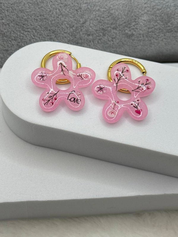 Boucles d’oreilles pampilles grandes fleurs rose et love 70