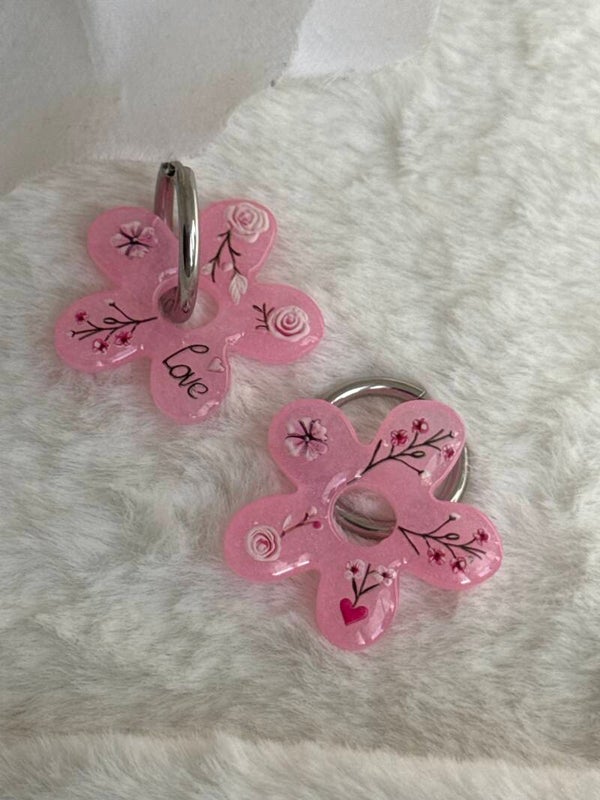Boucles d’oreilles pampilles grande fleurs rose Love