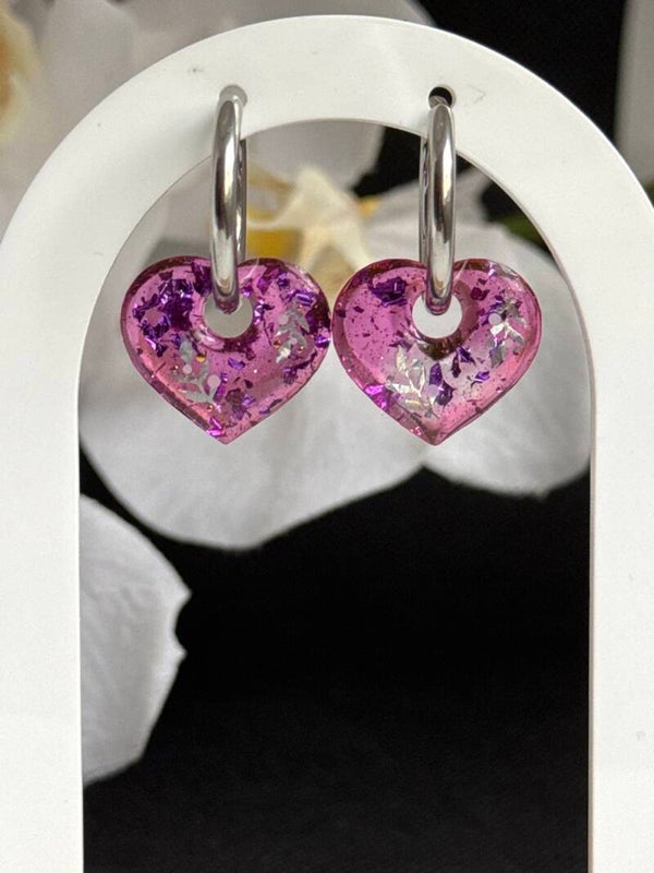 Boucles d’oreilles pampilles cœur rose-violette et ses feuilles 19
