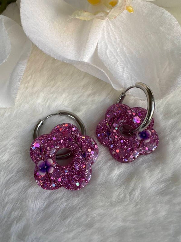 Boucles d’oreilles pampilles fleurs roses pailletées et fleurs violettes 29
