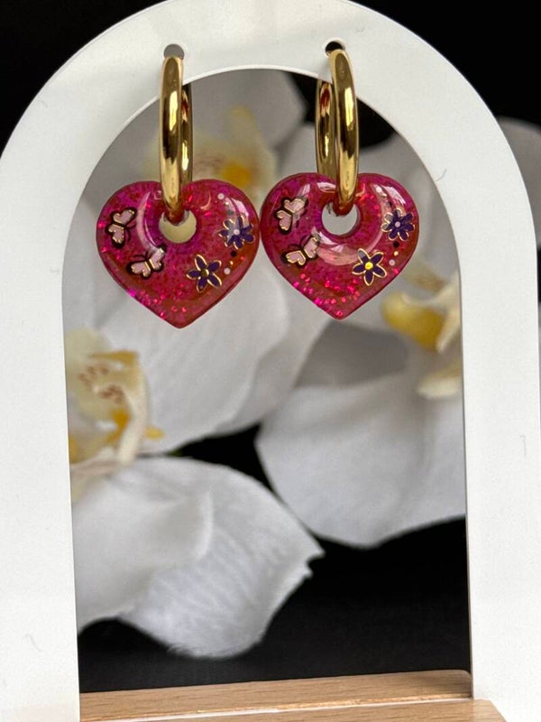 Boucles d’oreilles pampilles cœur rose et papillons 18