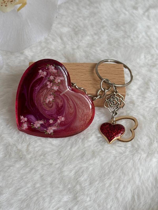 Porte clé cœur rouge fleur de cerisier 26