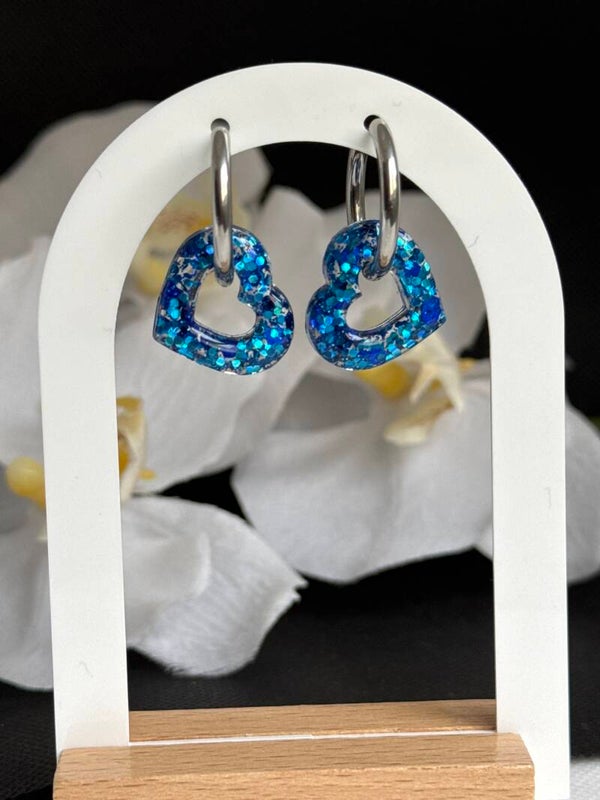 Boucles d’oreilles pampilles cœur creux pailletées deux bleus 10
