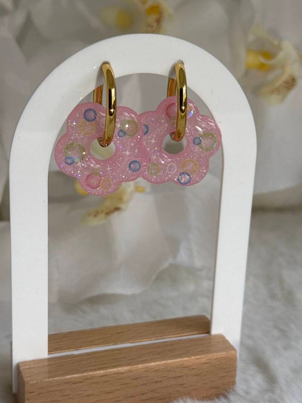 Boucles d’oreilles pampilles fleurs roses pailletées acidulées 43