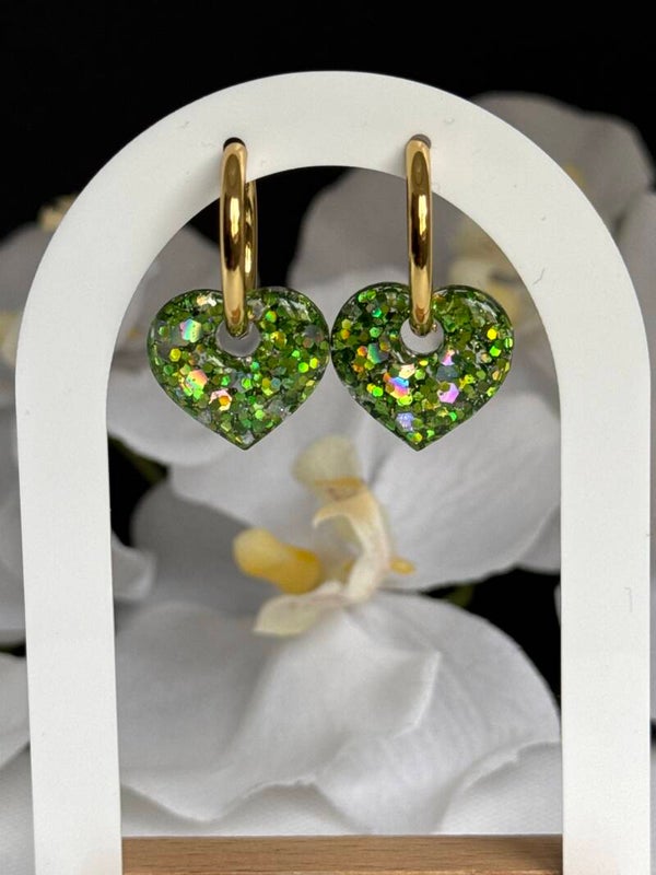 Boucles d’oreilles pampilles coeur verts pailletés 36