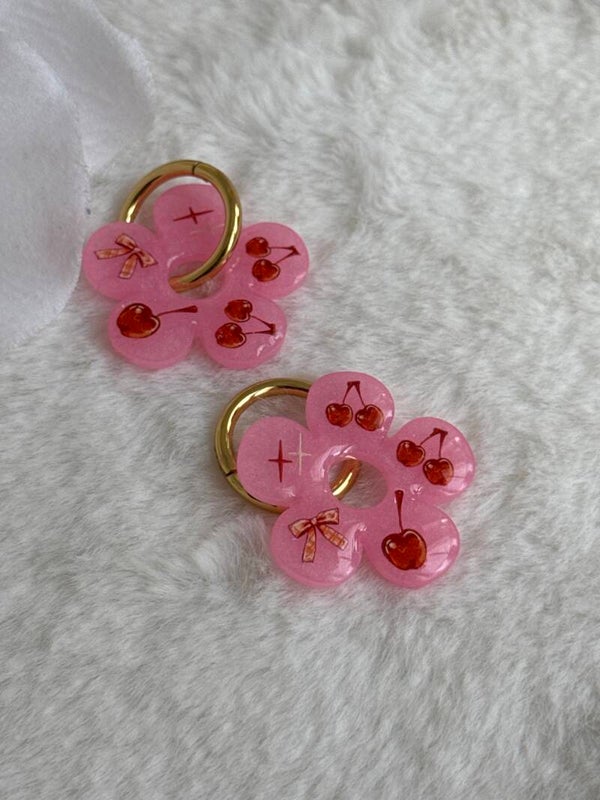 Boucles d’oreilles pampilles grandes fleurs rose et ses cerises 47