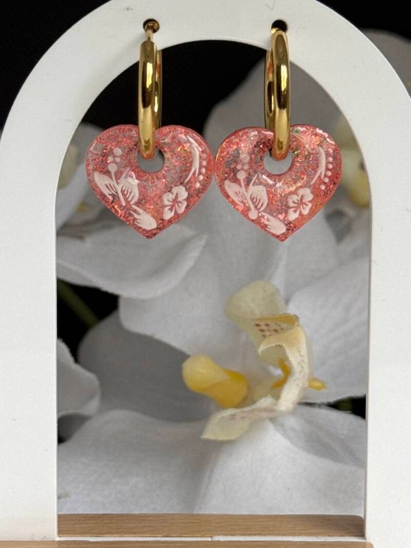 Boucles d’oreilles pampilles cœur rose et hibiscus blanc 17