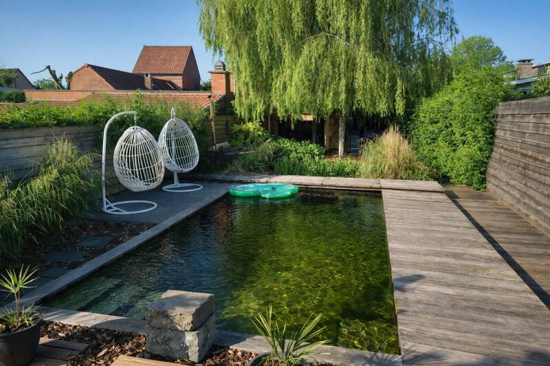 Zwemvijver met houten terras aan grote treurwilg