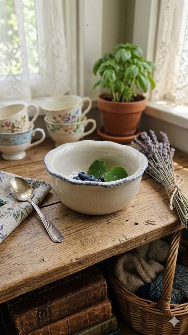 Cottagecore Vintage Ceramic Bowl with Blue Rim