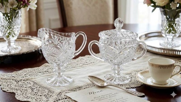 Vintage Crystal Cut Glass Cream & Sugar Set