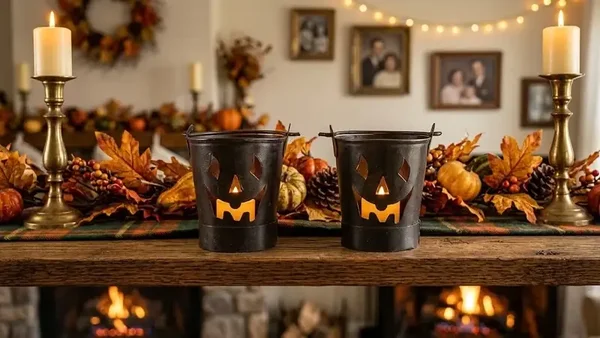 Set of two black metal jack‑o’-lantern candle holders