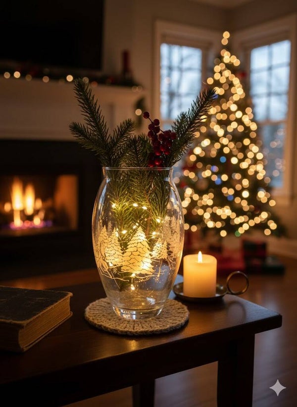 Glass Etched Hurricane Style Holiday Vase