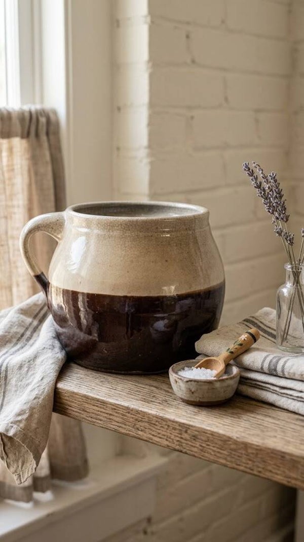 Vintage Two‑Tone Ceramic Pot – Cottagecore Farmhouse Style