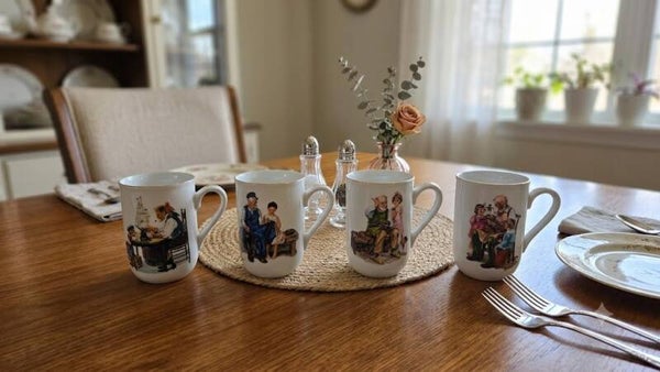 set of 4 Norman Rockwell inspired Mugs