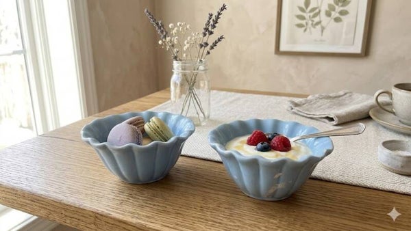 Set of 2 Vintage-Style Scalloped Ceramic Tea Light Holders in Dusty Blue