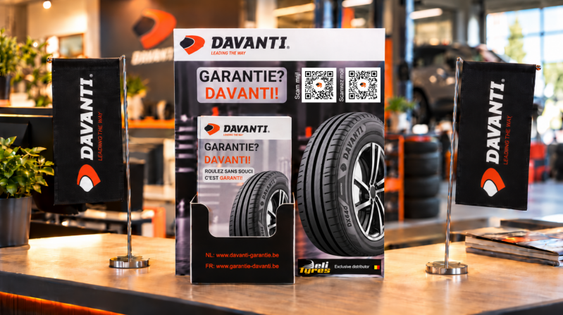 Matériel promotionnel pour la garantie DAVANTI destiné aux professionnels du pneu