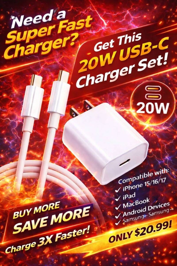 20W USB-C Fast Charger Set with Cable – Compatible with iPhone 15/16/17 & Android Device.