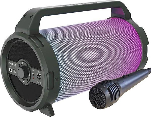 Avenzo - Altavoz Bluetooth, Modelo AV-SP3301B, Potencia de 18 W, con Luz de LED, Micrófono Incluido, con Asa de Transporte, Altavoz Inalámbrico, Color Negro