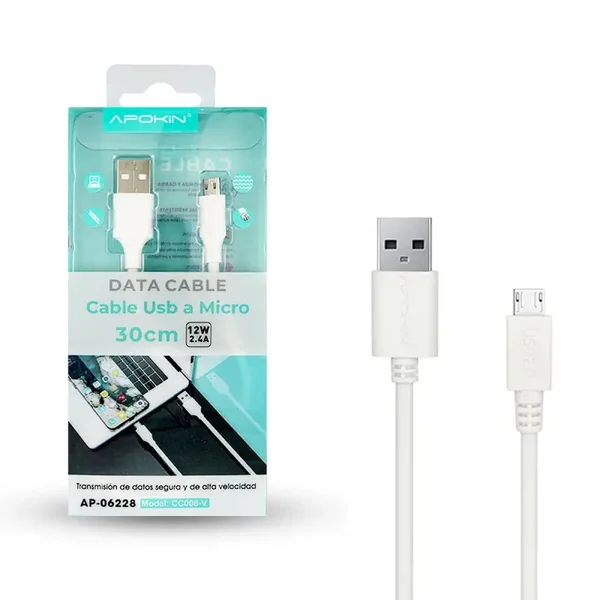 Cable de Datos y Carga APOKIN USB 2.0 a micro USB Carga Rápida 30cm