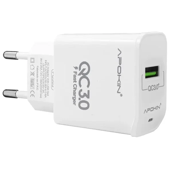 Cargador Rápido Entrada 18w 3.0 USB-A 3.1A Sin Cable APOKIN - Blanco