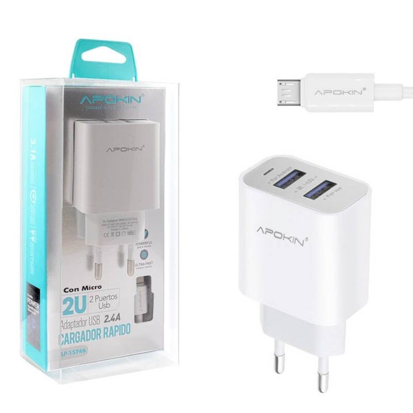 Cargador Red Entrada Doble USB-A 2.4A Cable MicroUSB APOKIN - Blanco