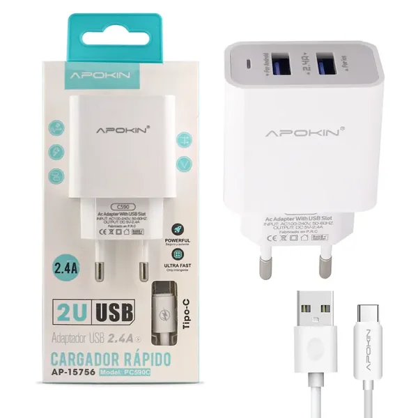 Cargador Red Entrada Doble USB-A 2.4A Cable Tipo-C APOKIN - Blanco