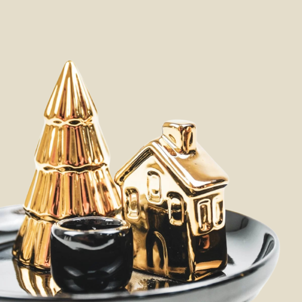 Kandelaar Kerstboom en huisje - 15x15x11 cm - Zwart/Goud
