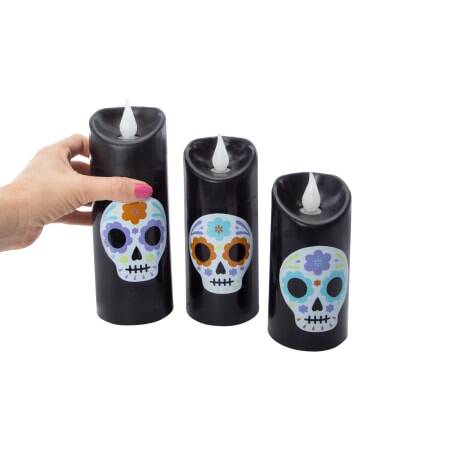 LED Flameless - Day of the Dead Sugar Skulls - Candles (Set of 3