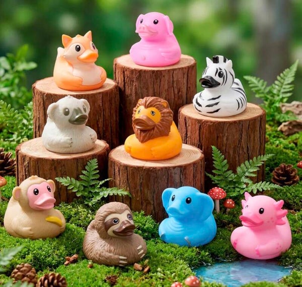 Animal Versions of Rubber Ducks - Sloth, Zebra, Koala, Pig, Lion, Axolotl, Fox, Blue Elephant, Monkey
